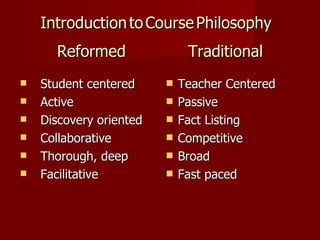Reformed    Traditional ,[object Object],[object Object],[object Object],[object Object],[object Object],[object Object],[object Object],[object Object],[object Object],[object Object],[object Object],[object Object],Introduction   to   Course   Philosophy 