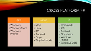 CROSS PLATFORM F#
.Net
•Windows
•Windows Store
•Windows
Phone
Mono
•Mac
•Linux
•iOS
•Android
•Ouya
•Playstation Vita
JS
•C...
