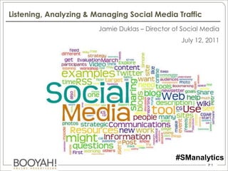 Listening, Analyzing & Managing Social Media Traffic  Jamie Duklas – Director of Social Media July 12, 2011 #SManalytics 