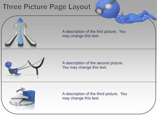 A description of the first picture.  You may change this text.A description of the second picture.You may change this text.A description of the third picture.  You may change this text.Three Picture Page Layout