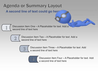 Discussion Item Three – A Placeholder for text  Add a second line of text hereDiscussion Item One – A Placeholder for text  Add a second line of text hereDiscussion Item Two – A Placeholder for text  Add a second line of text hereDiscussion Item Four – A Placeholder for text  Add a second line of text hereA second line of text could go hereAgenda or Summary Layout1234