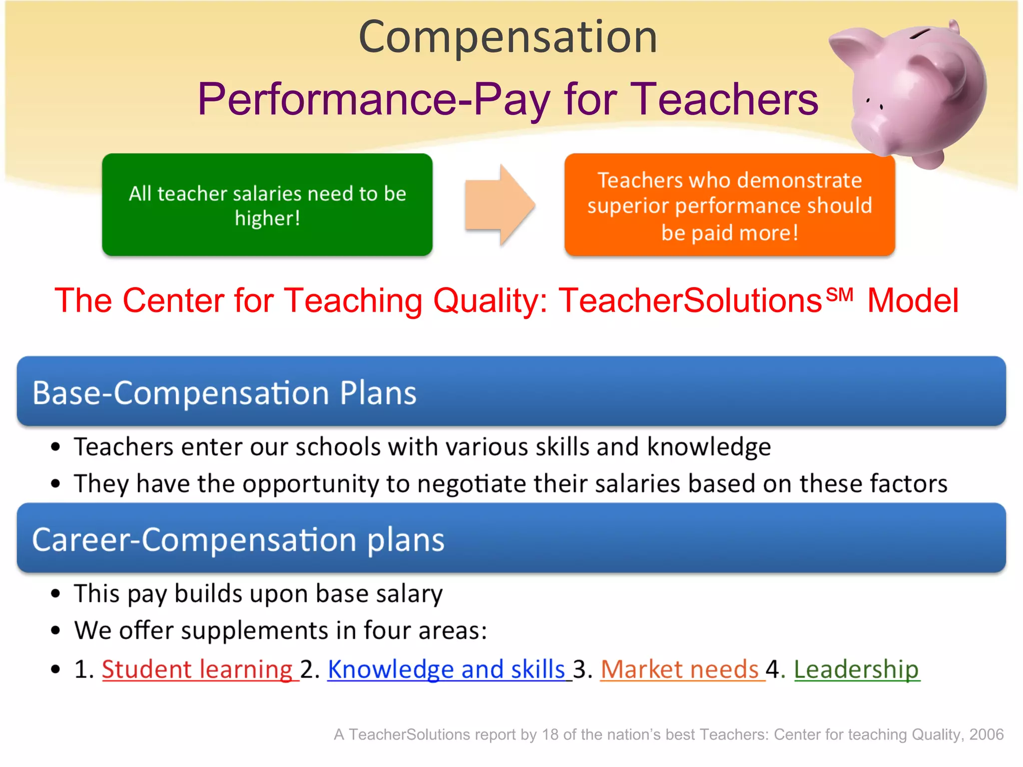 Compensation Performance-Pay for Teachers The Center for Teaching Quality: TeacherSolutions ℠ Model   A TeacherSolutions report by 18 of the nation’s best Teachers: Center for teaching Quality, 2006 