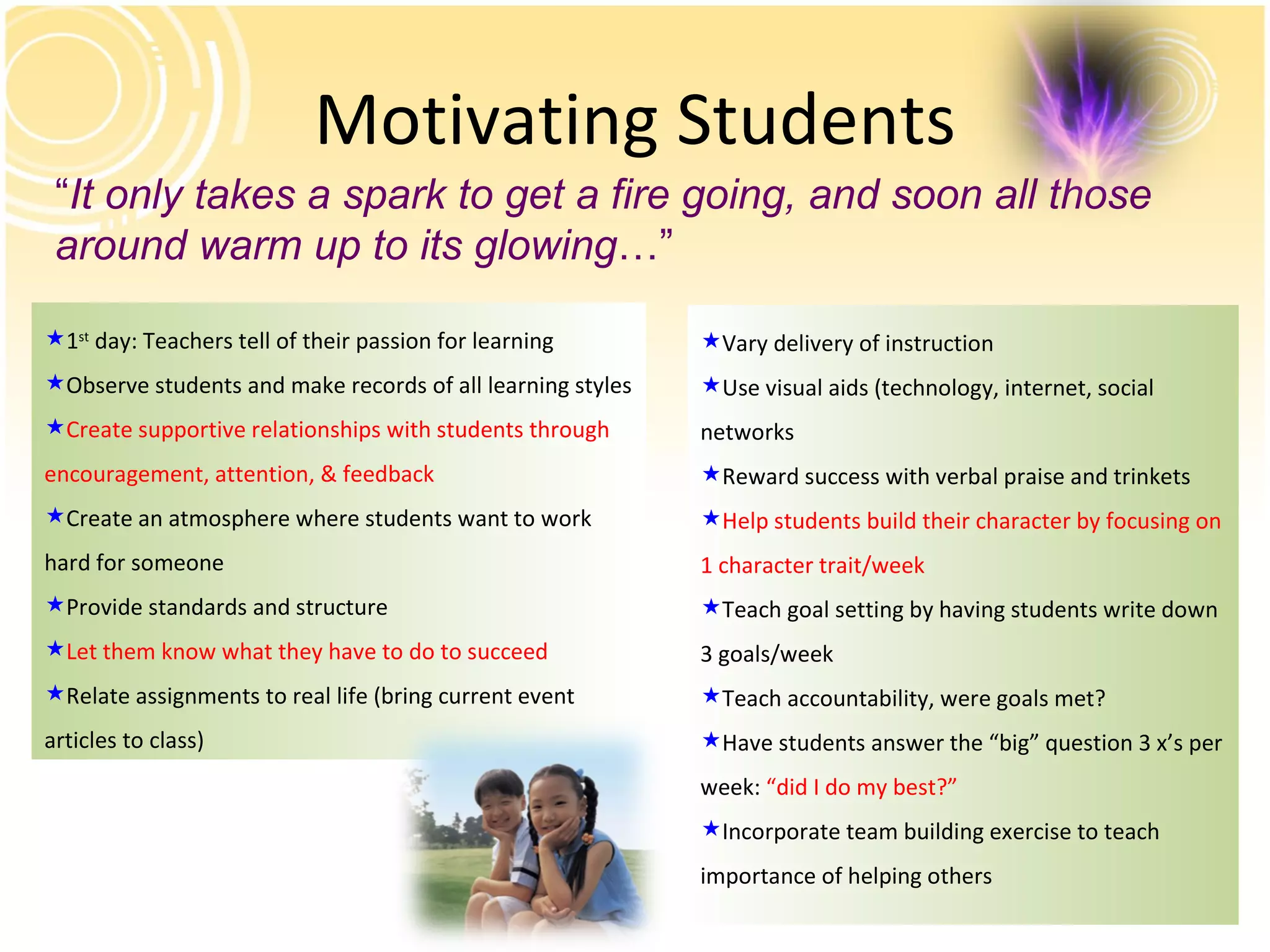 Motivating Students “ It only takes a spark to get a fire going, and soon all those around warm up to its glowing …” 1 st  day: Teachers tell of their passion for learning Observe students and make records of all learning styles Create supportive relationships with students through encouragement, attention, & feedback Create an atmosphere where students want to work hard for someone Provide standards and structure Let them know what they have to do to succeed Relate assignments to real life (bring current event articles to class) Vary delivery of instruction Use visual aids (technology, internet, social networks Reward success with verbal praise and trinkets Help students build their character by focusing on 1 character trait/week Teach goal setting by having students write down 3 goals/week Teach accountability, were goals met? Have students answer the “big” question 3 x’s per week:  “did I do my best?” Incorporate team building exercise to teach importance of helping others 