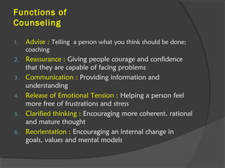 Functions of
Counseling
1. Advise : Telling a person what you think should be done;
coaching
2. Reassurance : Giving people courage and confidence
that they are capable of facing problems
3. Communication : Providing information and
understanding
4. Release of Emotional Tension : Helping a person feel
more free of frustrations and stress
5. Clarified thinking : Encouraging more coherent, rational
and mature thought
6. Reorientation : Encouraging an internal change in
goals, values and mental models
 