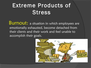 Extreme Products of
Stress
Burnout: a situation in which employees are
emotionally exhausted, become detached from
their clients and their work and feel unable to
accomplish their goals.
 