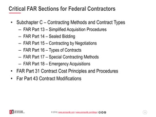 6© 2016 | www.aronsonllc.com | www.aronsonllc.com/blogs |
Critical FAR Sections for Federal Contractors
• Subchapter C – C...