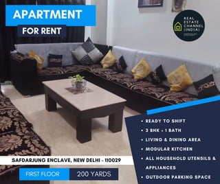 READY TO SHIFT
3 BHK + 1 BATH
LIVING & DINING AREA
MODULAR KITCHEN
ALL HOUSEHOLD UTENSILS &
APPLIANCES
OUTDOOR PARKING SPACE
APARTMENT
200 YARDS
SAFDARJUNG ENCLAVE, NEW DELHI - 110029
FOR RENT
FIRST FLOOR
 