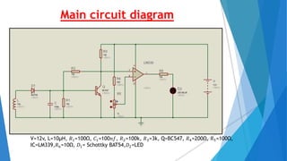 Main circuit diagram
V=12v, L=10µH, 𝑅1=100Ω, 𝐶1=100𝑛𝑓, 𝑅2=100k, 𝑅3=3k, Q=BC547, 𝑅4=200Ω, 𝑅5=100Ω,
IC=LM339,𝑅6=10Ω, 𝐷1= Schottky BAT54,𝐷2=LED
 