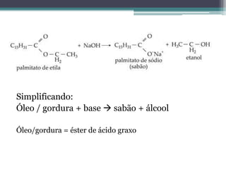 Simplificando:
Óleo / gordura + base  sabão + álcool

Óleo/gordura = éster de ácido graxo
 