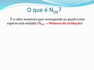 O que é NOX?
É o valor numérico que corresponde ao quanto uma
espécie está oxidada (NOX = Número de oxidação)
 