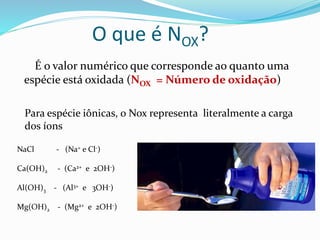 O que é NOX?
É o valor numérico que corresponde ao quanto uma
espécie está oxidada (NOX = Número de oxidação)
Para espécie iônicas, o Nox representa literalmente a carga
dos íons
NaCl - (Na+ e Cl-)
Ca(OH)2 - (Ca2+ e 2OH-)
Al(OH)3 - (Al3+ e 3OH-)
Mg(OH)2 - (Mg2+ e 2OH-)
 