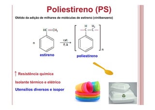 Poliestireno (PS)
Obtido da adição de milhares de moléculas de estireno (vinilbenzeno)
↑ Resistência química
estireno poliestireno
Isolante térmico e elétrico
Utensílios diversos e isopor
 