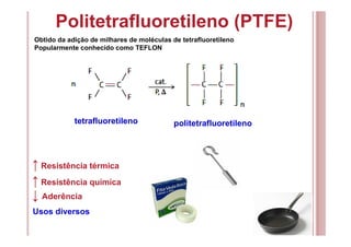 Politetrafluoretileno (PTFE)
Obtido da adição de milhares de moléculas de tetrafluoretileno
Popularmente conhecido como TEFLON
↑ Resistência térmica
Usos diversos
politetrafluoretilenotetrafluoretileno
↑ Resistência química
↓ Aderência
 