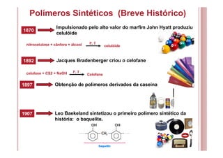 Polímeros Sintéticos (Breve Histórico)
1870
Impulsionado pelo alto valor do marfim John Hyatt produziu
celulóide
1892 Jacques Bradenberger criou o celofane
nitrocelulose + cânfora + álcool P, T
celulóide
celulose + CS2 + NaOH P, T
Celofane
1897 Obtenção de polímeros derivados da caseína
1907 Leo Baekeland sintetizou o primeiro polímero sintético da
história: o baquelite.
 