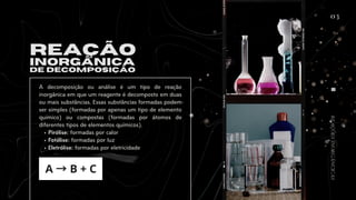 03
REAÇÃO
INORGÂNICA
DE DECOMPOSIÇÃO
Pirólise: formadas por calor
Fotólise: formadas por luz
Eletrólise: formadas por eletricidade
A decomposição ou análise é um tipo de reação
inorgânica em que um reagente é decomposto em duas
ou mais substâncias. Essas substâncias formadas podem
ser simples (formadas por apenas um tipo de elemento
químico) ou compostas (formadas por átomos de
diferentes tipos de elementos químicos).
A →B + C
REAÇÕES
INORGÂNCICAS
 