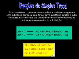 Estas reações ocorrem quando uma substância simples reage com
uma substância composta para formar outra substância simples e outra
 composta. Estas reações são também conhecidas como reações de
             deslocamento ou reações de substituição.




          AB + C           AC + B (Reatividade: C > B)
          AB + C           CB + A (Reatividade: C > A)
 