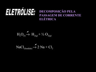 DECOMPOSIÇÃO PELA
                PASSAGEM DE CORRENTE
                ELÉTRICA


       
H2O(l) → H2(g) + ½ O2(g)

            
NaCl(fundido) → 2 Na + Cl2
 
