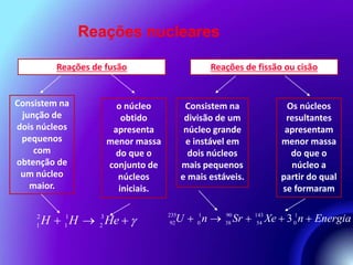 Reações nucleares 
Reações de fusão Reações de fissão ou cisão 
Consistem na 
junção de 
dois núcleos 
pequenos 
com 
obtenção de 
um núcleo 
maior. 
Consistem na 
divisão de um 
núcleo grande 
e instável em 
dois núcleos 
mais pequenos 
e mais estáveis. 
o núcleo 
obtido 
apresenta 
menor massa 
do que o 
conjunto de 
núcleos 
iniciais. 
Os núcleos 
resultantes 
apresentam 
menor massa 
do que o 
núcleo a 
partir do qual 
se formaram 
2 1 3 
1H  1H  2He  
235 1 90 143 1 
92 0 38 54 0 U  n Sr  Xe  3 n  Energia 
 