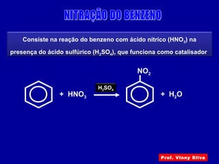 + HNO3
H2SO4
+ H2O
NO2
Consiste na reação do benzeno com ácido nítrico (HNO3) na
presença do ácido sulfúrico (H2SO4), que funciona como catalisador
Prof. Vinny Silva
 