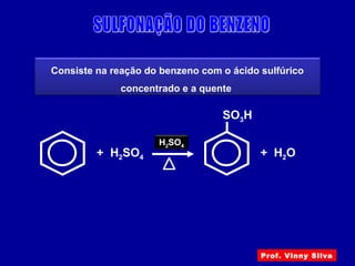 Consiste na reação do benzeno com o ácido sulfúrico
concentrado e a quente
+ H2SO4
H2SO4
+ H2O
SO3H
Prof. Vinny Silva
 