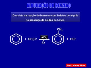 Consiste na reação do benzeno com haletos de alquila
na presença de ácidos de Lewis
AlCl3
+ CH3Cl + HCl
CH3
Prof. Vinny Silva
 