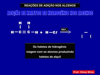 REAÇÕES DE ADIÇÃO NOS ALCENOS
H HC
H
C
H
H Cl+
CCl 4
H HC
H
C
H
H Cl
Os haletos de hidrogênio
reagem com os alcenos produzindo
haletos de alquil
Prof. Vinny Silva
 