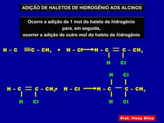 ADIÇÃO DE HALETOS DE HIDROGÊNIO AOS ALCINOS
Ocorre a adição de 1 mol do haleto de hidrogênio
para, em seguida,
ocorrer a adição de outro mol do haleto de hidrogênio
H – C C – CH3 + H – Cl
H Cl
H – C C – CH3
H Cl
H – C C – CH3+ H – Cl
H Cl
H – C C – CH3
H Cl
Prof. Vinny Silva
 