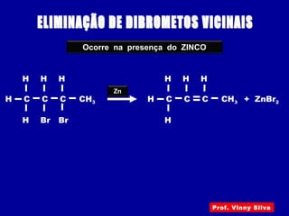 CH3H
Br
C
H
H
C
H
C
H
Br
+ ZnBr2CH3H C
H
H
C
H
C
H
Zn
Ocorre na presença do ZINCO
Prof. Vinny Silva
 