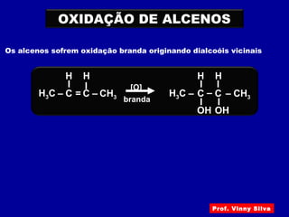 OXIDAÇÃO DE ALCENOS
Os alcenos sofrem oxidação branda originando dialcoóis vicinais
H3C – C
I
I
– CH3
OH
H
[O]
= C
I
H
branda
H3C – C
I
– CH3
H
– C
I
H
I
OH
Prof. Vinny Silva
 