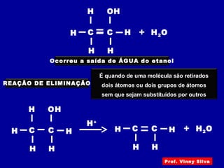 H
H2O
O
+H HCC
HH
H
CC
Ocorreu a saída de ÁGUA do etanol
REAÇÃO DE ELIMINAÇÃO
É quando de uma molécula são retirados
dois átomos ou dois grupos de átomos
sem que sejam substituídos por outros
H+
H
H2O
OH
+H HCC
HH
H HCC
HH
Prof. Vinny Silva
 