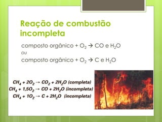 Reação de combustão
incompleta
composto orgânico + O2  CO e H2O
ou

composto orgânico + O2  C e H2O

 