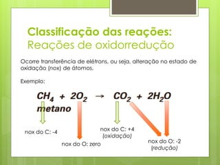 Classificação das reações:
Reações de oxidorredução
Ocorre transferência de elétrons, ou seja, alteração no estado de
oxidação (nox) de átomos.
Exemplo:

nox do C: -4

nox do C: +4
(oxidação)
nox do O: zero

nox do O: -2
(redução)

 