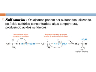   Sulfonação - Os alcanos podem ser sulfonados utilizando-
    se ácido sulfúrico concentrado a altas temperatura,
    produzindo ácidos sulfônicos:
 
 