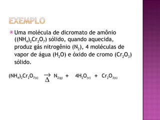 Uma molécula de dicromato de amônio ((NH 4 ) 2 Cr 2 O 7 ) sólido, quando aquecida, produz gás nitrogênio (N 2 ), 4 moléculas de vapor de água (H 2 O) e óxido de cromo (Cr 2 O 3 ) sólido. (NH 4 ) 2 Cr 2 O 7(s)  Cr 2 O 3(s) 4H 2 O (v) N 2(g) + +  