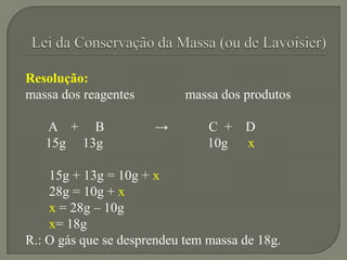 Resolução:
massa dos reagentes massa dos produtos
A + B → C + D
15g 13g 10g x
15g + 13g = 10g + x
28g = 10g + x
x = 28g – 10g
x= 18g
R.: O gás que se desprendeu tem massa de 18g.
 