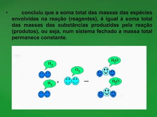 • concluiu que a soma total das massas das espécies
envolvidas na reação (reagentes), é igual à soma total
das massas das substâncias produzidas pela reação
(produtos), ou seja, num sistema fechado a massa total
permanece constante.
 