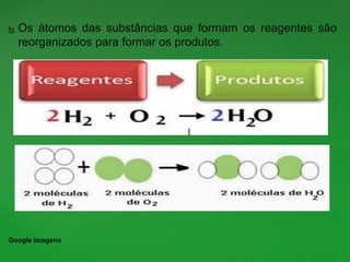  Os átomos das substâncias que formam os reagentes são
reorganizados para formar os produtos.
Google imagens
 