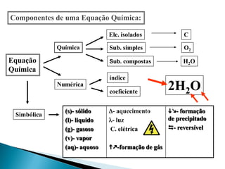 Componentes de uma Equação Química:

                              Ele. isolados             C

             Química          Sub. simples              O2

Equação                       Sub. compostas            H2 O
Química
                              índice
             Numérica
                              coeficiente
                                                   2H2O
               (s)- sólido    - aquecimento       - formação
 Simbólica
               (l)- liquido   - luz               de precipitado
               (g)- gasoso    C. elétrica          - reversível
               (v)- vapor
               (aq)- aquoso   -formação de gás
 