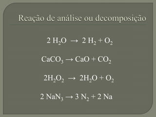 2 H2O → 2 H2 + O2
CaCO3 → CaO + CO2
2H2O2 → 2H2O + O2
2 NaN3 → 3 N2 + 2 Na
 