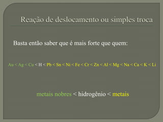 Basta então saber que é mais forte que quem:
Au ˂ Ag ˂ Cu ˂ H ˂ Pb ˂ Sn ˂ Ni ˂ Fe ˂ Cr ˂ Zn ˂ Al ˂ Mg ˂ Na ˂ Ca ˂ K ˂ Li
metais nobres ˂ hidrogênio ˂ metais
 