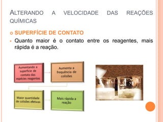 ALTERANDO A VELOCIDADE DAS REAÇÕES
QUÍMICAS
 SUPERFÍCIE DE CONTATO
 Quanto maior é o contato entre os reagentes, mais
rápida é a reação.
 