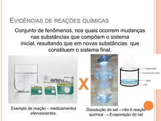 EVIDÊNCIAS DE REAÇÕES QUÍMICAS
Conjunto de fenômenos, nos quais ocorrem mudanças
nas substâncias que compõem o sistema
inicial, resultando que em novas substâncias que
constituem o sistema final.
X
Exemplo de reação – medicamentos
efervescentes.
Dissolução do sal – não é reação
química →.Evaporação do sal
 