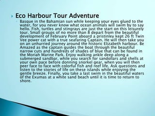  Eco Harbour Tour Adventure
◦ Basque in the Bahamian sun while keeping your eyes glued to the
water, for you never know what ocean animals will swim by to say
hello. Fish, turtles and stingrays are just the start on this leisurely
tour. Small groups of no more than 8 depart from the beautiful
development of February Point aboard a pristinley kept 26 ft Twin
Vee power cat with a true seafaring Captain. He will then take you
on an unhurried journey around the historic Elizabeth harbour. Be
Amazed as the captain guides the boat through the beautiful
narrow cuts and hundreds of shades of blue that can be found in
the Moriah Marine Park. Enjoy walking ankle deep along a
submerged sandbar, while you search for sandollars and shells at
your own pace before donning snorkel gear, when you will then
peer face to face with colorful fish and reef life. Ask questions and
listen to the stories of life on these islands while enjoying the
gentle breeze. Finally, you take a last swim in the beautiful waters
of the Exumas at a white sand beach until it is time to return to
shore.
 