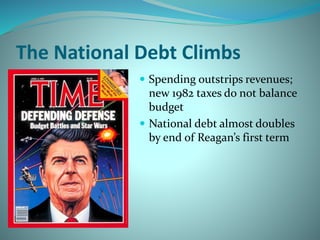 The National Debt Climbs
 Spending outstrips revenues;
new 1982 taxes do not balance
budget
 National debt almost doubles
by end of Reagan’s first term
 