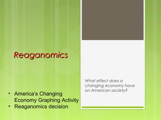 ReaganomicsReaganomics
What effect does a
changing economy have
on American society?
• America’s Changing
Economy Graphing Activity
• Reaganomics decision
 