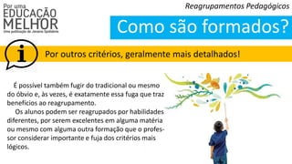 Reagrupamentos Pedagógicos
Como são formados?
Por outros critérios, geralmente mais detalhados!
É possível também fugir do tradicional ou mesmo
do óbvio e, às vezes, é exatamente essa fuga que traz
benefícios ao reagrupamento.
Os alunos podem ser reagrupados por habilidades
diferentes, por serem excelentes em alguma matéria
ou mesmo com alguma outra formação que o profes-
sor considerar importante e fuja dos critérios mais
lógicos.
 