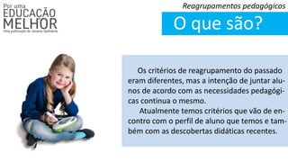 O que são?
Reagrupamentos pedagógicos
Os critérios de reagrupamento do passado
eram diferentes, mas a intenção de juntar alu-
nos de acordo com as necessidades pedagógi-
cas continua o mesmo.
Atualmente temos critérios que vão de en-
contro com o perfil de aluno que temos e tam-
bém com as descobertas didáticas recentes.
 