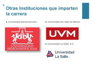 +

Otras Instituciones que imparten
la carrera


Universidad Iberoamericana



Universidad del Valle de México



Universidad La Salle, A.C.

 