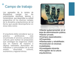 +

Campo de trabajo

Los egresados de la carrera de
Arquitectura
cuentan
con
los
conocimientos científicos, teóricos y
humanísticos, que desarrollan su actitud
propositiva en los diversos campos
de la disciplina arquitectónica de tal
forma que puede desempeñarse en
áreas tales como:

El arquitecto debe considerar que su
práctica
profesional,
esta
encaminada al servicio y producción
cultural, para realizar las propuestas
que satisfagan las exigencias vitales
que en materia de espacios y
objetos habitables demanden los
individuos y comunidades de la más
amplia
diversidad
cultural,
económica y regional-étnico.

Sector gubernamental, en el
área de administración pública.
Sector privado.
Campos especializados :
Proyectista.
Restaurador y rehabilitador.
Constructor en diversas
modalidades.
Investigador-docente.
Divulgador de la cultura
arquitectónica.

 