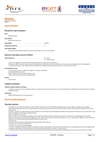 www.inrs.fr/eficatt EFICATT - Charbon Page 1 / 5
CharbonMise à jour de la fiche
09/2011
Agent pathogène
Descriptif de l'agent pathogène
Réservoir et principales sources d'infection
Viabilité et infectiosité
Données épidémiologiques
Population générale
Nom :
Bacillus anthracis
Synonyme(s) :
Bactérie charbonneuse
Type d'agent Bactérie
Groupe de classement 3
Descriptif de l'agent :
Bacille gram positif, aérobie, formant des spores et produisant une toxine très puissante.
Type de réservoir Animal
Environnement
La terre et la végétation au sol contenant des spores (moutons se contaminant par la pâture…).
De façon transitoire, animaux à sang chaud, particulièrement les herbivores et parmi eux, les moutons et les bovins pour les bactéries sous forme végétative.
Un regain d’intérêt pour cette infection est lié à la possibilité de l’utilisation des spores bactériennes pour un acte de bioterrorisme.
Principale(s) source(s) :
Carcasses, abats, peau, cuirs, poils, laine, onglons… d’animaux contaminés.
Sols contaminés par des spores.
Poudre vectrice de spores en cas de bioterrorisme.
Viande et lait d’animaux contaminés (exceptionnel).
Vecteur :
Pas de vecteur
Viabilité, résistance physico-chimique :
Le bacille survit peu hors d’un organisme humain ou animal, mais il peut former des spores (1 micron) particulièrement résistantes dans le milieu extérieur (plusieurs
dizaines d’années).
Infectiosité :
8 000 à 50 000 spores pour la voie respiratoire.
La maladie est connue depuis l'antiquité. L'agent infectieux a été découvert en 1850. Maladie endémique dans certaines régions du globe où la surveillance
vétérinaire est insuffisante, elle est rare et sporadique dans les pays industrialisés. Environ 2 000 cas de charbon cutané sont actuellement déclarés dans le monde
chaque année.
Aux Etats-Unis, 409 cas ont été déclarés de 1951 à 2000, dont 18 par inhalation. Quelques épidémies limitées ont été décrites en Afrique et en Asie : la dernière en août
2010 au Bangladesh a touché plus de 300 personnes.
Environ 10 cas par an en Europe.
Depuis fin 2009, 15 cas confirmés de maladie du charbon ont été signalés chez des consommateurs d'héroïne, 14 en Ecosse et 1 en Allemagne, dont 8 mortels.
Depuis la réintroduction de la déclaration obligatoire en 2001 quatre cas de charbon cutané ont été notifiés en France : 1 cas importé en 2003 et 3 cas autochtones en
2008 chez des hommes adultes ayant dépecé et éviscéré une même vache
charbonneuse.
Le dernier cas mortel date de 1996 (l’origine de la contamination reste inconnue).
Le charbon par inhalation est exceptionnel.
Le charbon en tant qu’arme bactériologique :
- En 1979, une épidémie massive de charbon d’inhalation se déclara à Sverdlosk (ex-URSS) à quelques kilomètres d’un centre militaire de recherche. L’épidémie, liée
à la diffusion accidentelle d’un aérosol de moins d’un gramme de spores sèches du charbon, tua 68 personnes.
- En 2001, aux Etats-Unis, des spores du Bacillus anthracis ont été intentionnellement distribuées par le système postal, causant 22 cas de charbon dont 5 décès.
 